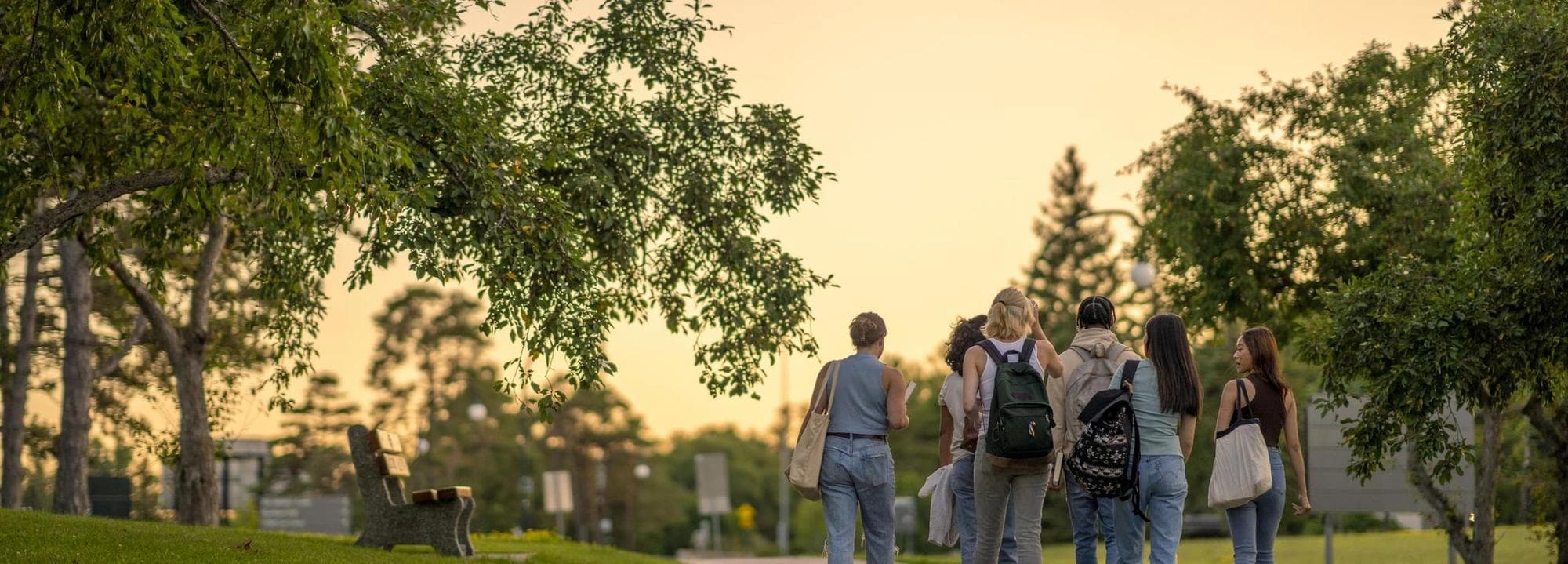 Un groupe d'étudiants universitaires est vu de dos marchant à l'extérieur sur le campus en se rendant en classe. Ils sont habillés de façon décontractée et portent des sacs à dos tout en discutant ensemble et en se rendant à l'école pour la journée.