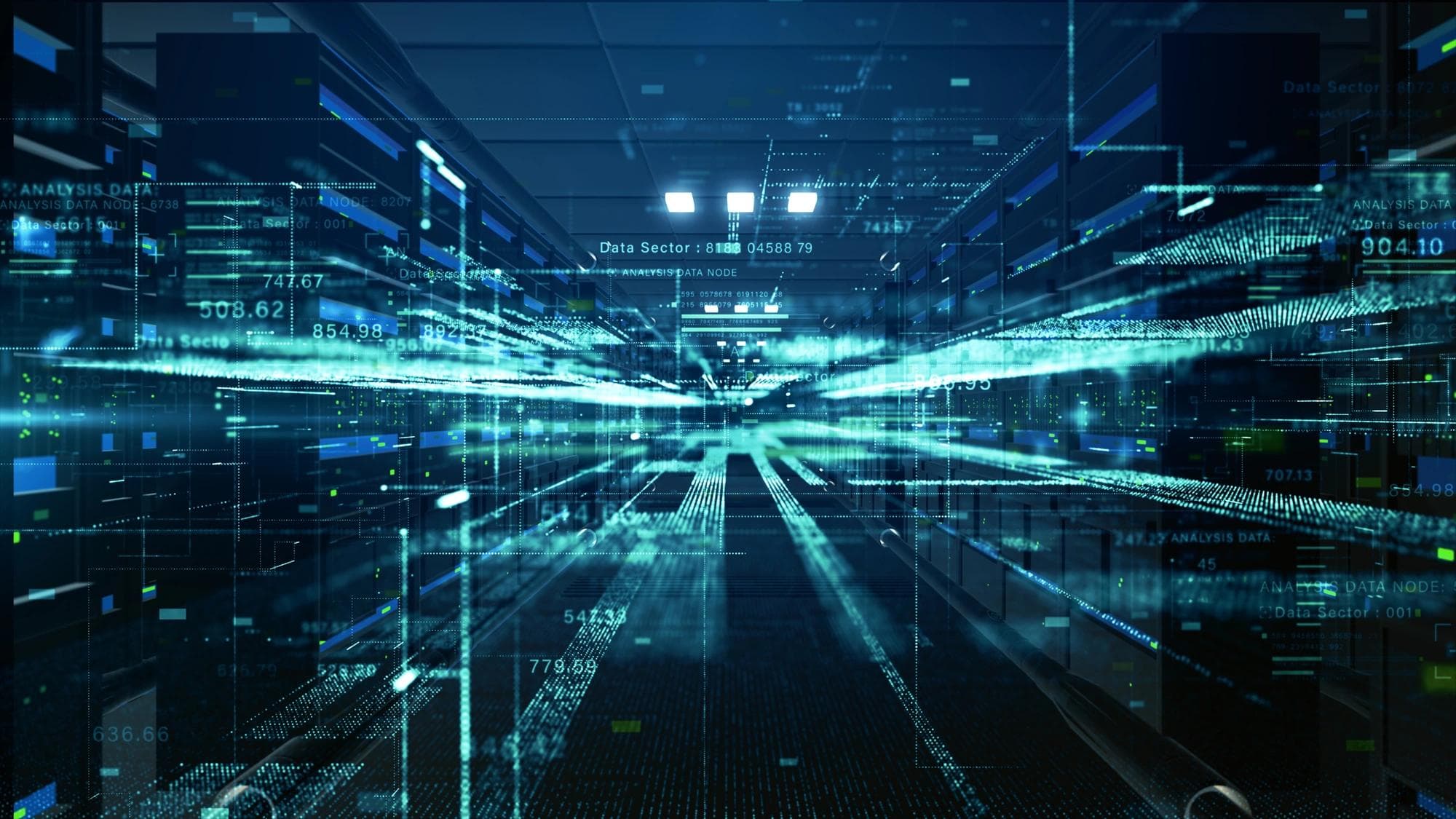Centre de données futuriste avec des lignes de transmission numérique à haute vitesse, des analyses par IA et des flux de traitement de données massives à travers des racks de serveurs et l'infrastructure informatique. Fond technologique abstrait, rendu 3D