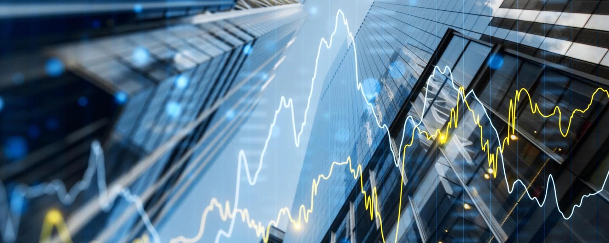 immeubles de bureaux avec graphique linéaire boursier superposé